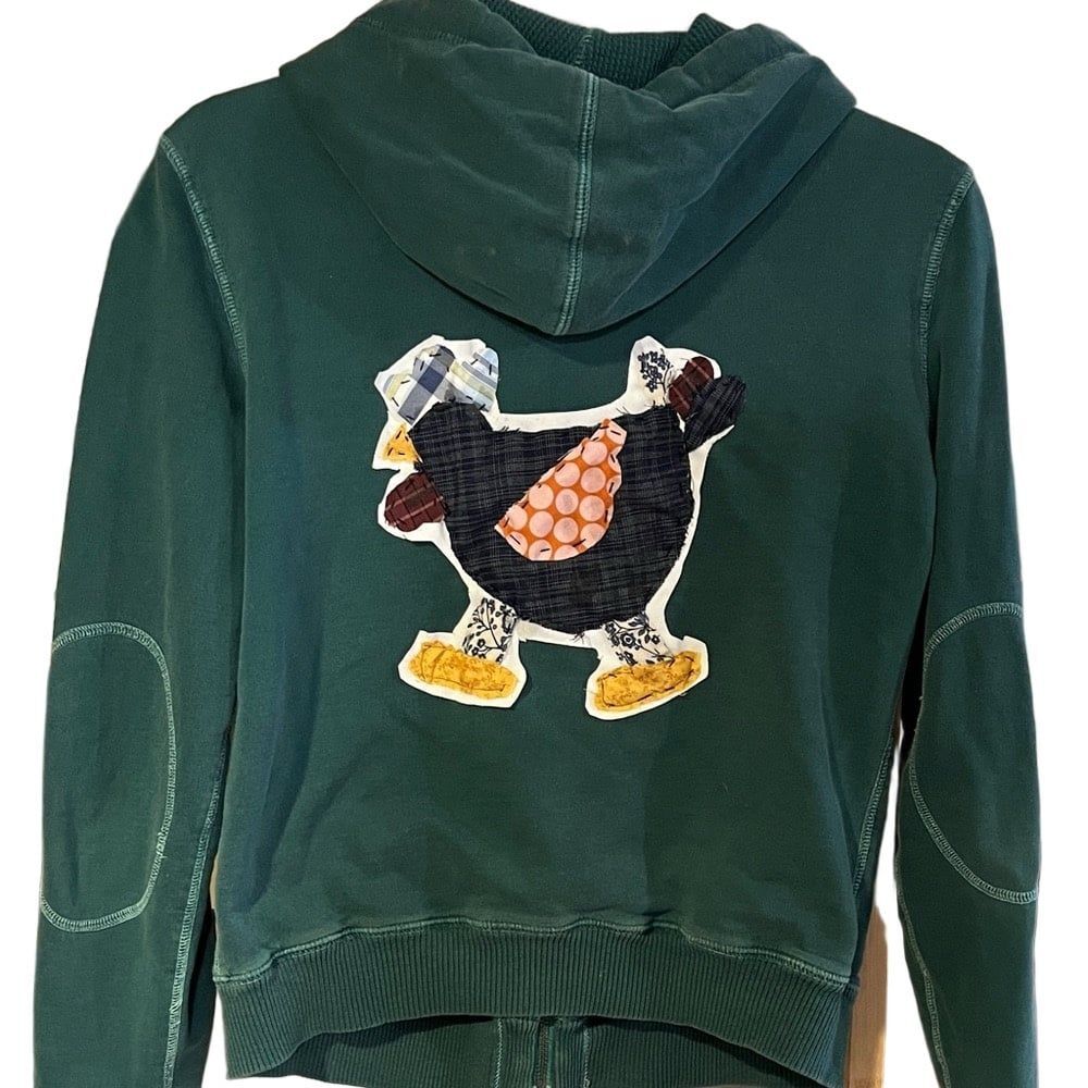 Handmade Appliqué chicken Sweatshirt Artistic Patchwork Hoodie small